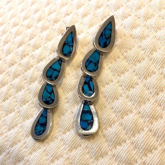 TAXCO Crushed Blue Turquoise Inlay Linear Drop Dangle Sterling Silver Earrings - Picture 5 of 7